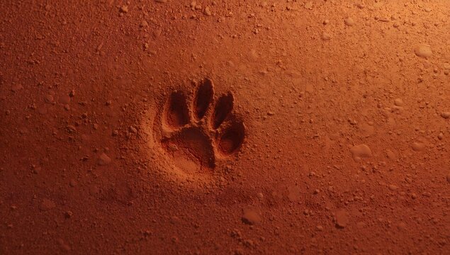 Macro view of a single predator paw print in red desert sand
