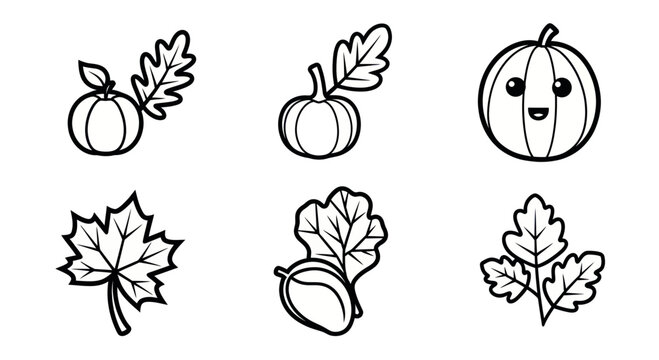 Cute autumn-themed illustrations of pumpkins, acorns, and leaves perfect for seasonal designs and decorations.