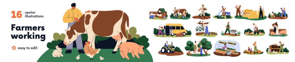 Farmers work set. Agriculture and farm life scenes. Rural country workers with livestock, harvest. Countryside agribusiness, agronomy business. Flat vector illustration isolated on white background © Good Studio