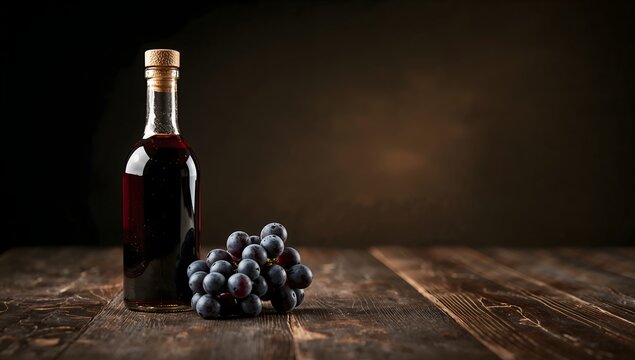 Aged balsamic vinegar bottle with fresh grapes on rustic wood table