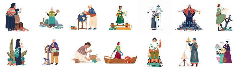 Collection of diverse characters with nautical and maritime themes, featuring elderly sailors, explorers, and coastal enthusiasts in a flat vector style. © Cristina