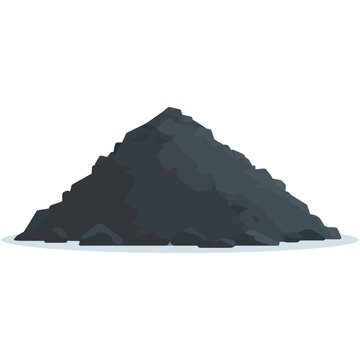 Coal pile icon. Heap of dark irregular rocks stacked on ground surface, scattered particles around structure, mineral material with rough edges, excavation resource, industrial raw extraction theme.