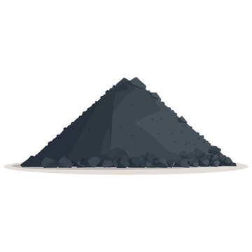 Coal pile icon. Heap of dark irregular rocks stacked on ground surface, scattered particles around structure, mineral material with rough edges, excavation resource, industrial raw extraction theme.