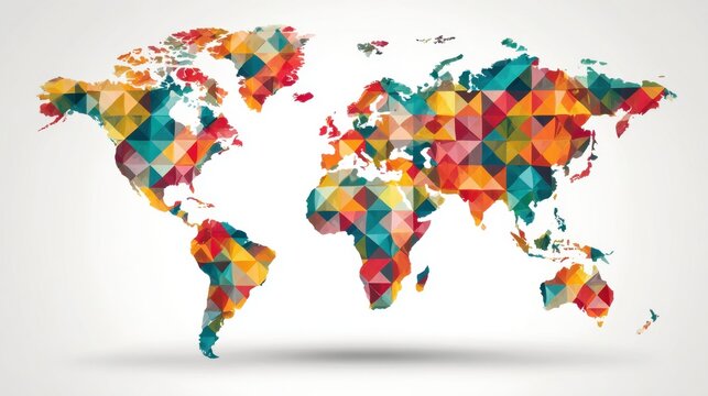 Colorful Geometric World Map Illustration with Triangular Patterns in Bright and Vibrant Colors for Creative Projects