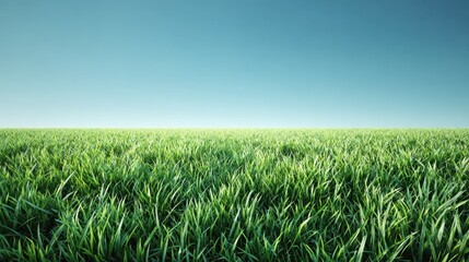 Obraz premium Lush Green Grass Field Under Clear Blue Sky with Horizon Line for Nature and Landscape Themes