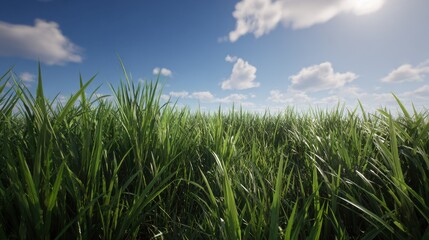 Obraz premium Lush Green Grass Field Under Bright Blue Sky with Wispy Clouds in a Tranquil and Serene Landscape Setting