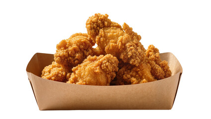 Crispy golden fried chicken tenders in a brown paper tray © Sophia