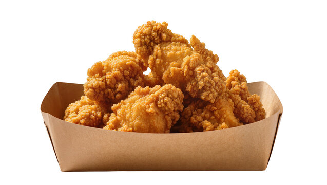 Crispy golden fried chicken tenders in a brown paper tray