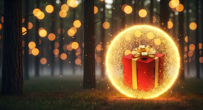 A magical red gift box with a golden ribbon glowing inside a shimmering, sparkling orb of light in a mystical, bokehfilled forest setting at twilight