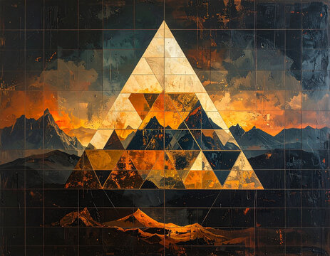 Geometric Pyramid Over Dramatic Mountain Landscape at Sunset