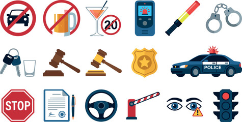 Drunk Driving Prohibited and Traffic Law Enforcement Vector Icon Set Featuring Police Car, Breathalyzer, Gavel, and Alcohol Prohibition Symbols for Safety Campaigns © EdGe Creative