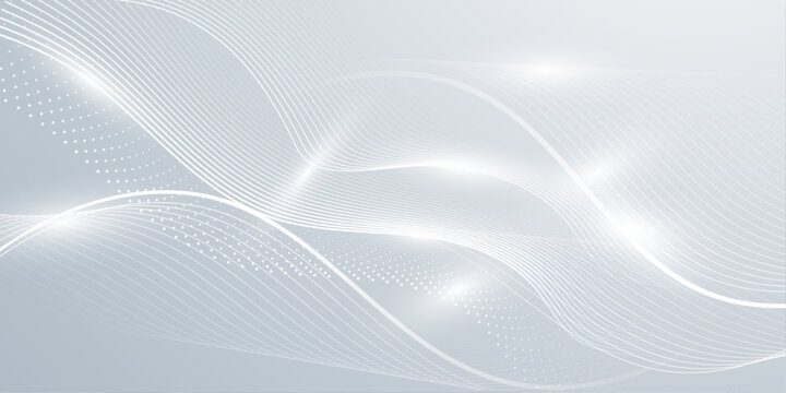 Abstract white wave background with silver lines and glowing particles for modern corporate design and digital presentation.