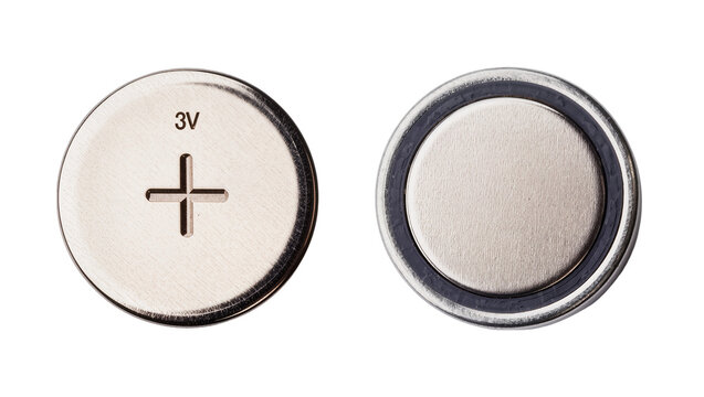 Two round 3V coin cell batteries, one showing positive terminal with cross indent