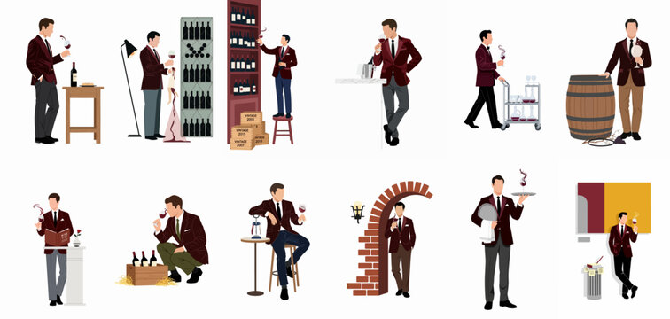 Collection of Professional Sommelier Illustrations in Various Wine Service, Tasting, and Cellar Scenarios