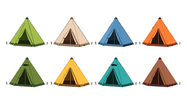 Set of colorful teepee style camping tents in front view
