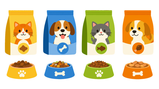 Colorful pet food bags and bowls with cats and dogs vector set