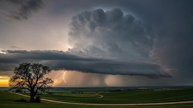 A massive supercell storm cloud looms over a green field at sunset