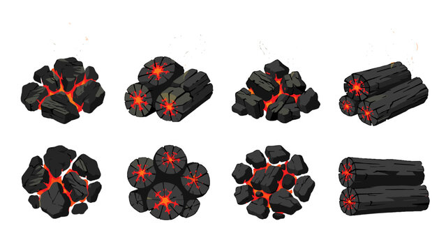 Glowing charcoal and burning wood log set in flat vector style