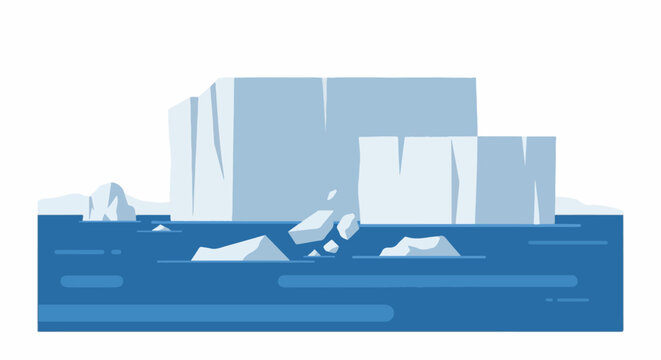 Jagged icebergs drift in deep blue water under a stark white sky