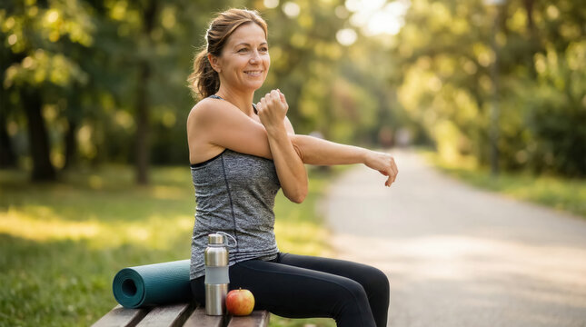 Active woman stretching outdoors after fitness workout in peaceful nature park