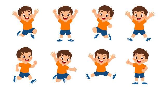 Set of happy cartoon boy characters in playful poses