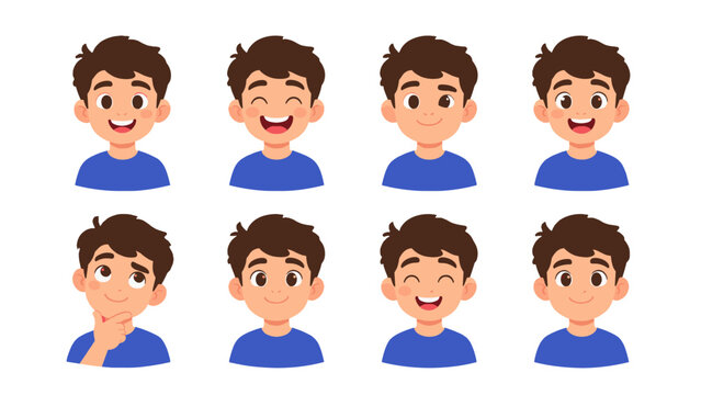 Cute cartoon boy character set with different facial expressions