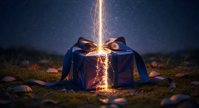 A magical, glowing gift box sitting on a mossy forest floor under a starry night sky, with ethereal golden light rays emanating from the center of the ribbon