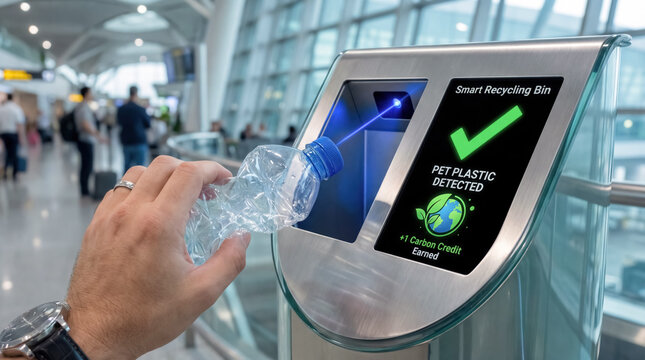 Smart recycling bin scanning plastic bottle in modern public space