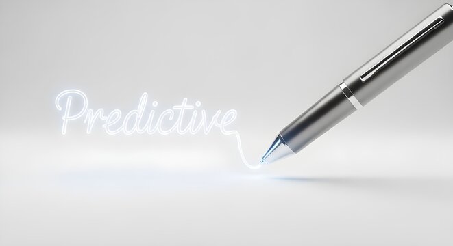 Silver pen writing the word Predictive in glowing light on a white background, concept of future prediction and foresight