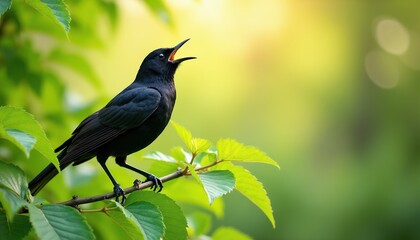 Blackbird sits on branch in green garden. Bird sings with open beak, chirping sweet melody. Sunlight shines, creating bokeh effect behind foliage.