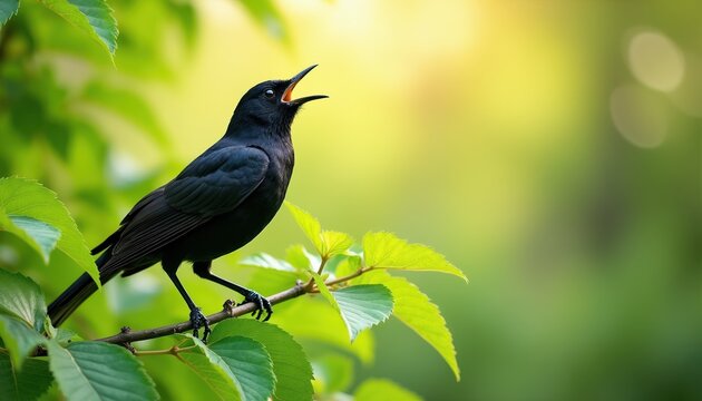 Blackbird sits on branch in green garden. Bird sings with open beak, chirping sweet melody. Sunlight shines, creating bokeh effect behind foliage.