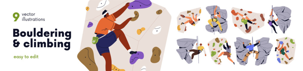 Fototapeta premium Mountaineers athletes on rock cliffs or bouldering walls set. Mountain climbing up. Climbers on ropes training indoors and outdoors. Extreme sport activity. Flat graphic vector illustration isolated