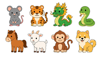 Cute cartoon animal set with mouse tiger dragon snake horse goat monkey and dog © Alan