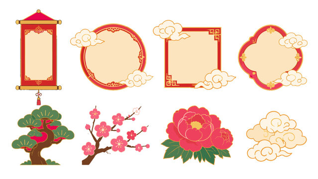 Decorative red and gold floral frames with clouds and blossoms