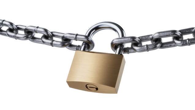Brass padlock secured on metal chain