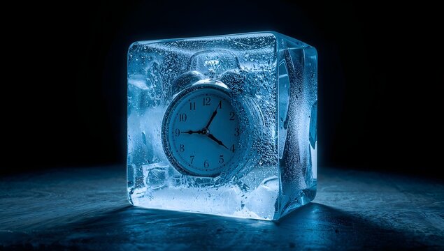 Dramatic cinematic shot of an alarm clock frozen inside an ice cube