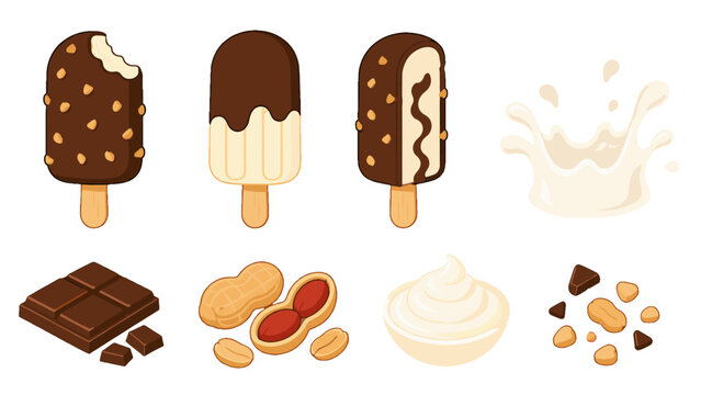 Set of chocolate ice cream bars with peanuts and cream splash
