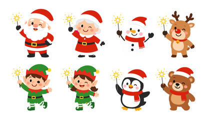 Cute Christmas character set with Santa, snowman, reindeer and elf © Alan