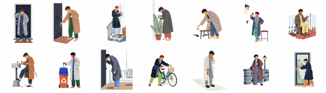 Set of illustrations depicting a man in a bathrobe and pajamas who has lost his keys or is locked out of his house.