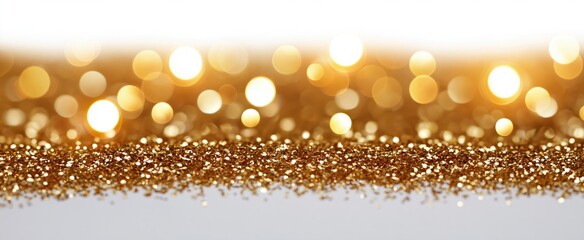 Obraz premium Shimmering golden bokeh and dazzling glitter on a bright white backdrop for a classy festive vibe 