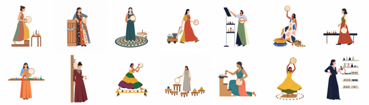 Flat vector illustration collection of bohemian women playing ethnic percussion instruments like tambourines and bells in various poses and traditional clothing.
