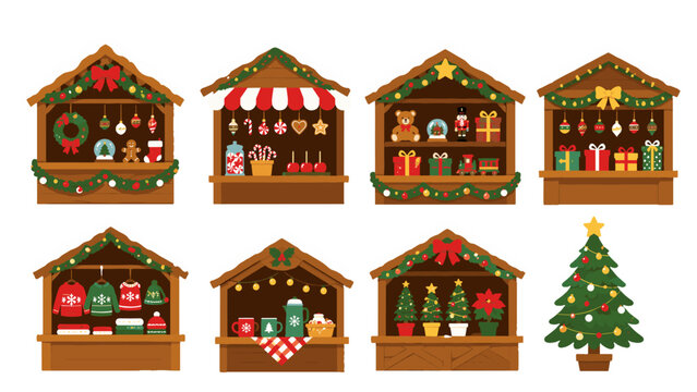 Set of festive wooden Christmas market stalls and decorated tree