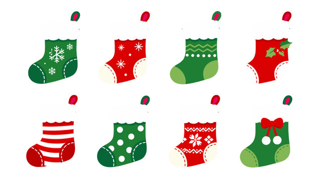 Set of festive red and green Christmas stocking illustrations