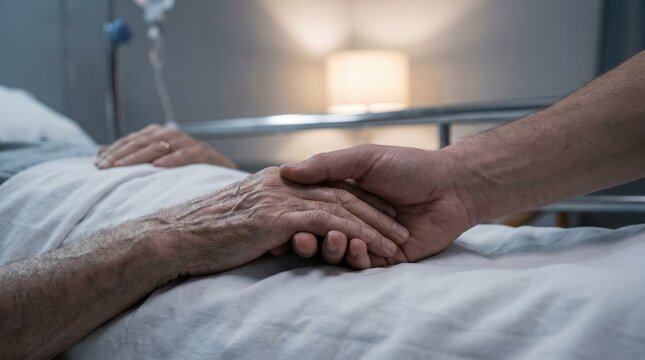 Hand of younger person holding hand of senior patient in hospital bed. Palliative care, geriatric support, and end of life healthcare services.