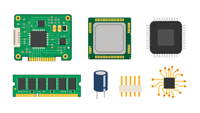 Set of computer hardware components and microchips icons
