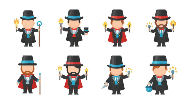 Vector of magicians performing magic tricks on stage, performing illusions, entertainment, illusionist, stage performance, magic props, hat tricks, playing with fire, props