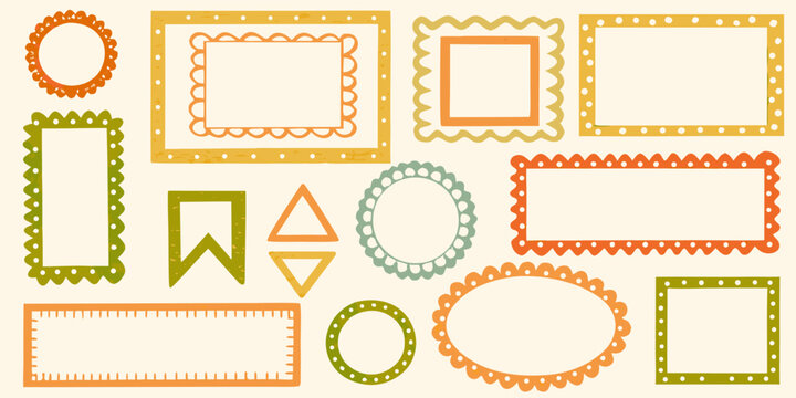 retro style colorful frames on cream background ornamental border scalloped circle square