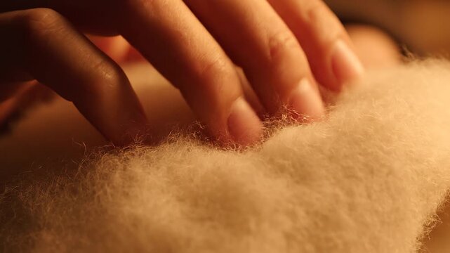 Extreme macro of soft fluffy fabric being touched by a hand