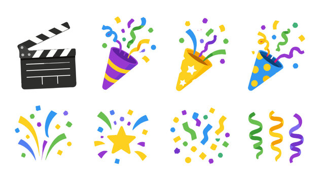 Set of colorful party poppers confetti and clapper icons