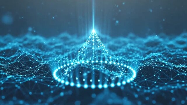 A glowing blue digital network forms a mountain peak in a dark virtual space
